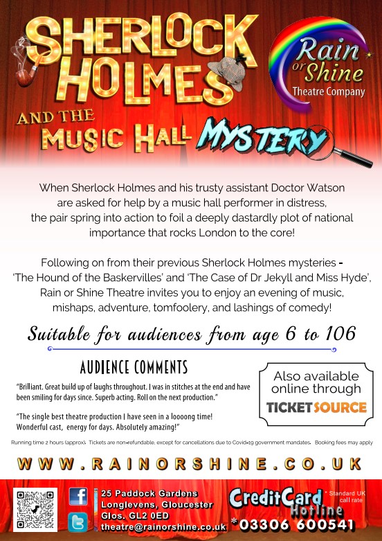 Rain or Shine Theatre Flyer for Sherlock Holmes Mystery at Holy Trinity Church Thursday 29th December 2022