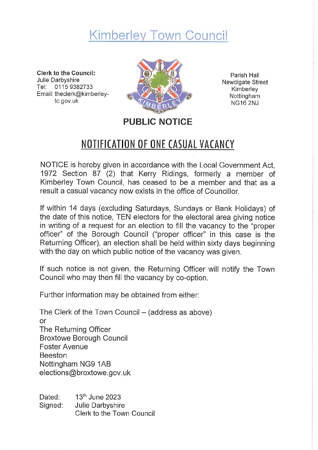 Notification of One Casual Vacancy